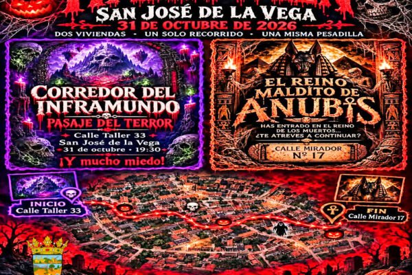 Cartel oficial del pasaje del terror de Halloween 2026 en San José de la Vega con el mapa del recorrido.