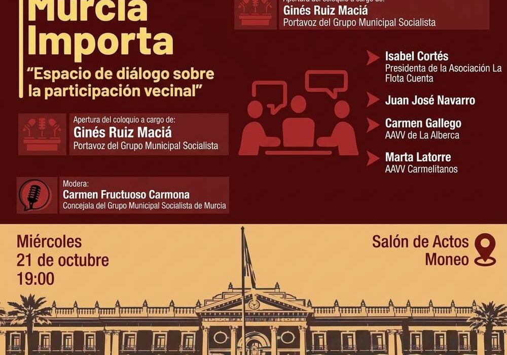 Cartel del coloquio Murcia Importa sobre participación vecinal en el Edificio Moneo de Murcia