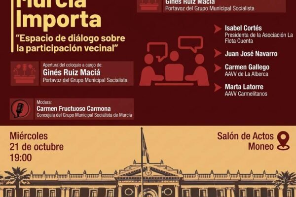 Cartel del coloquio Murcia Importa sobre participación vecinal en el Edificio Moneo de Murcia