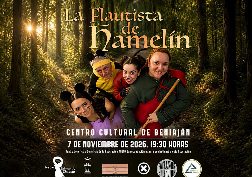 Cartel de «La flautista de Hamelin», función de teatro solidario en Beniaján a beneficio de la Asociación ABETO.