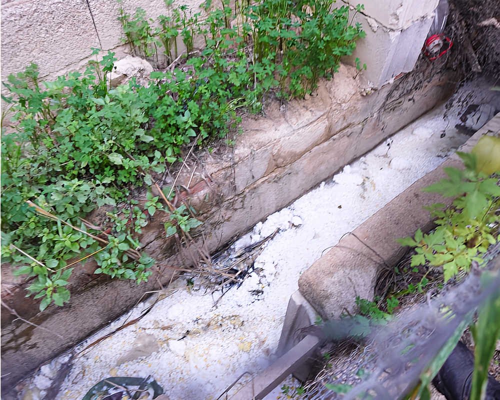 Vertidos y residuos en la canalización de agua de riego junto a la vivienda intervenida en Los Ramos, Murcia.